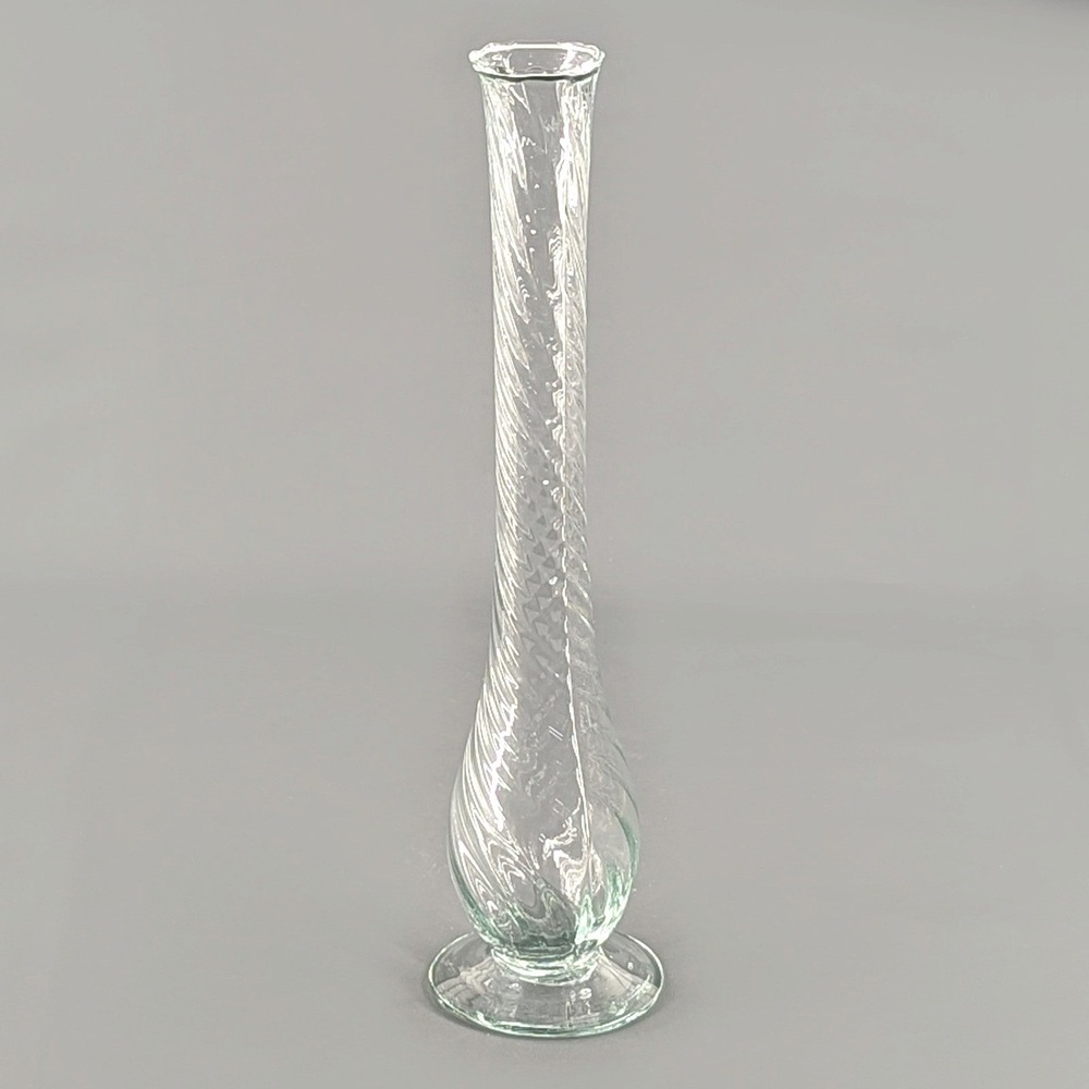 Vintage Clear Glass Spiral Optic Twist Bud Vase 12.5 Inch Pedestal Base